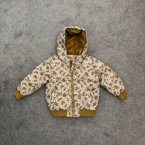 Rylee + Cru white with gold blue and tan flowers hooded puffer coat